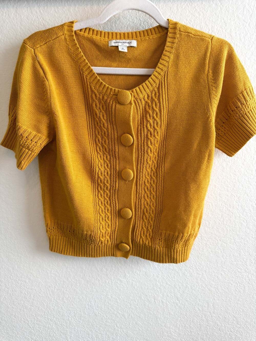Banana Republic Short Sleeve Mustard Yellow Cable Knit Button-Front Cardigan